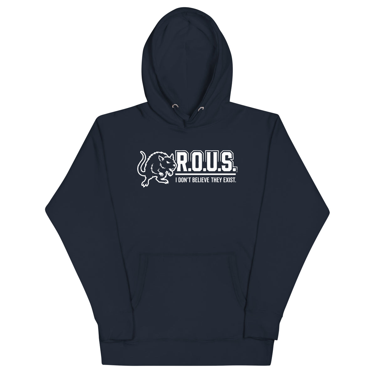 Navy Blazer pullover hoodie, front view, featuring the R.O.U.S. Denial Squad Hoodie design