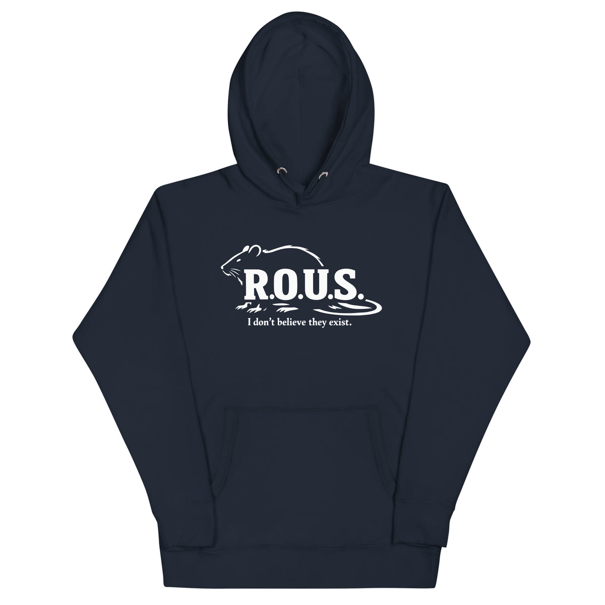 Navy Blazer pullover hoodie, front view, featuring the R.O.U.S. Field Report Hoodie design