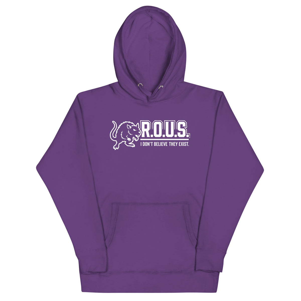 Purple pullover hoodie, front view, featuring the R.O.U.S. Denial Squad Hoodie design