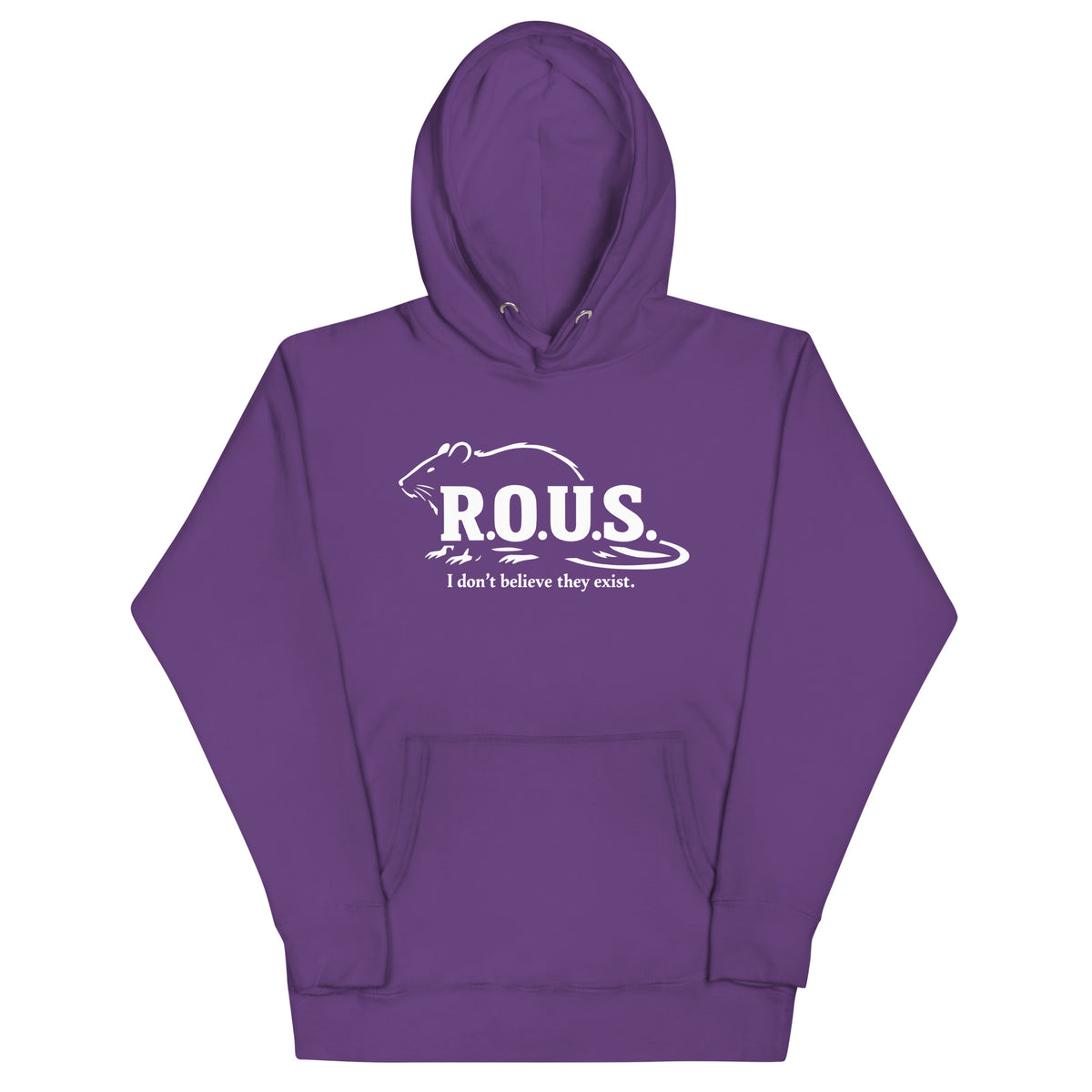 Purple pullover hoodie, front view, featuring the R.O.U.S. Field Report Hoodie design
