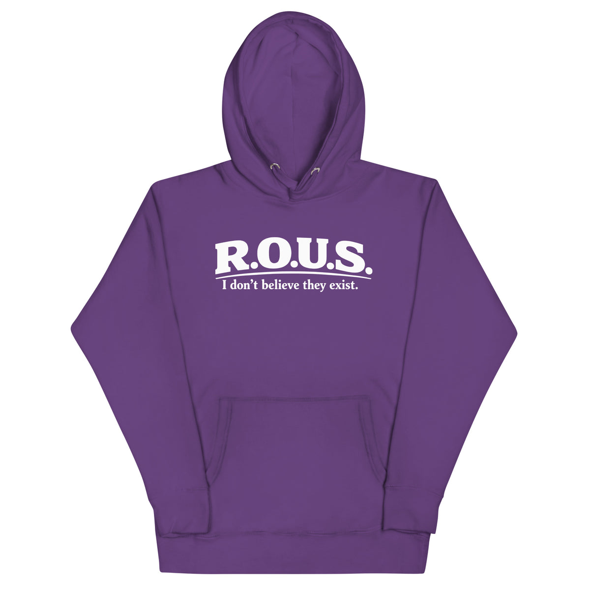 Purple pullover hoodie, front view, featuring the R.O.U.S. Disbelief Statement Hoodie design