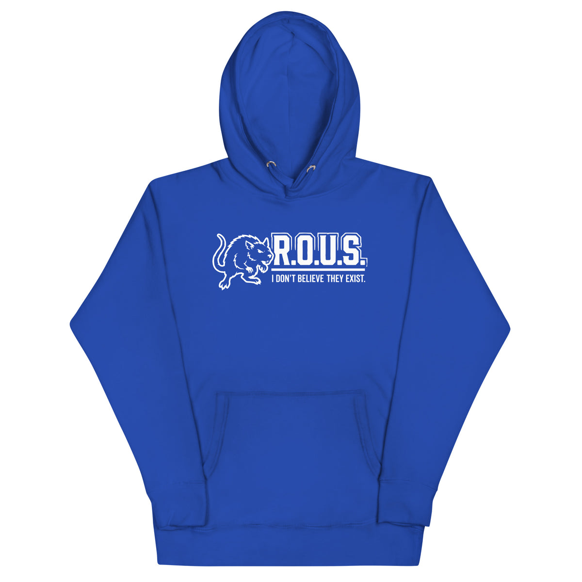 Team Royal pullover hoodie, front view, featuring the R.O.U.S. Denial Squad Hoodie design