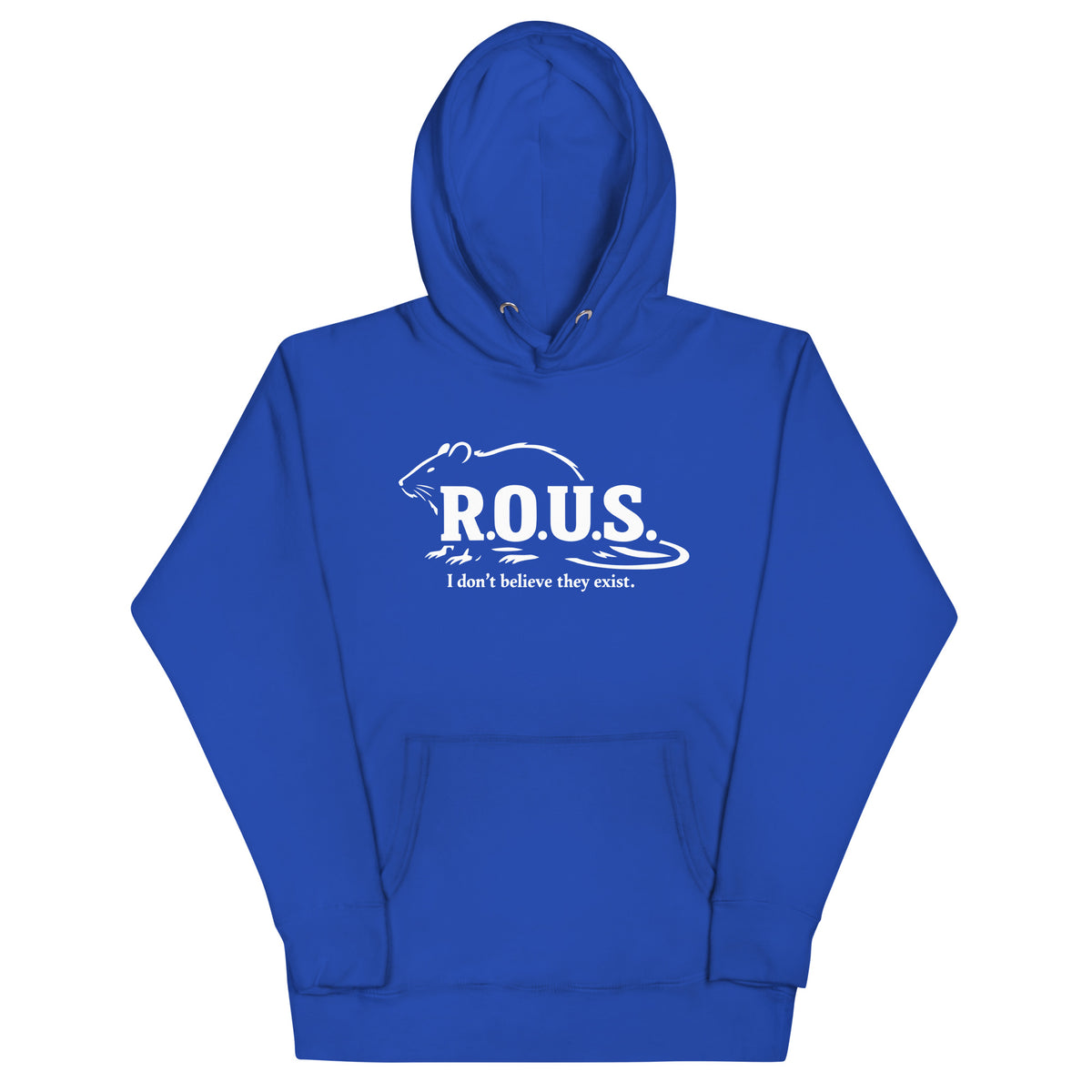Team Royal pullover hoodie, front view, featuring the R.O.U.S. Field Report Hoodie design