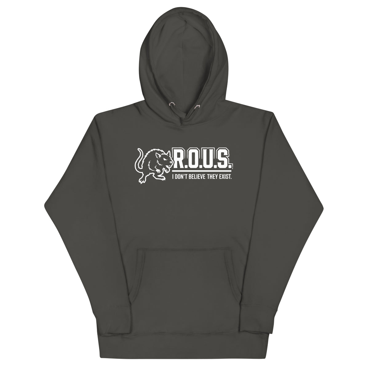 Vintage Black pullover hoodie, front view, featuring the R.O.U.S. Denial Squad Hoodie design