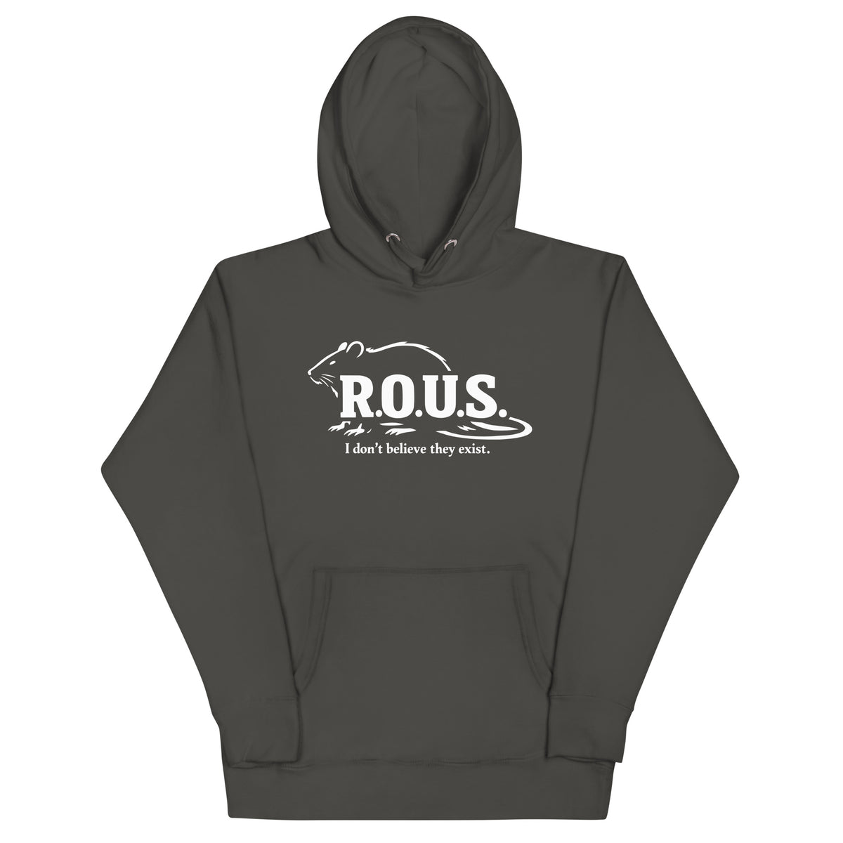 Vintage Black pullover hoodie, front view, featuring the R.O.U.S. Field Report Hoodie design