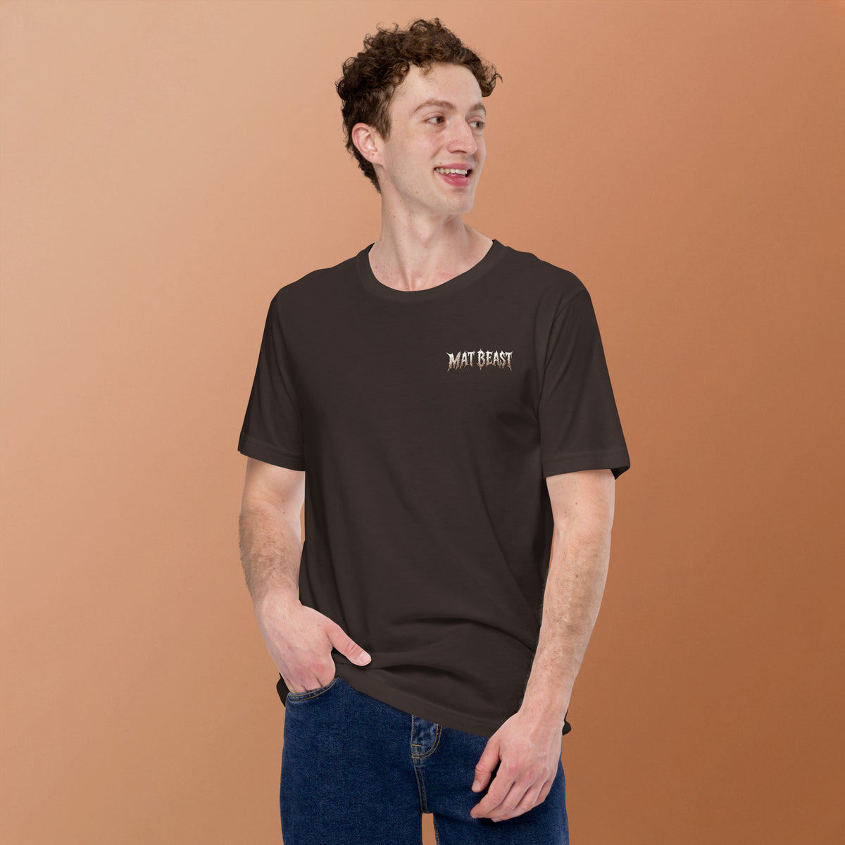Brown classic T-shirt, alternate front view, featuring Mat Beast Bear Jiu Jitsu graphic with orange accents.