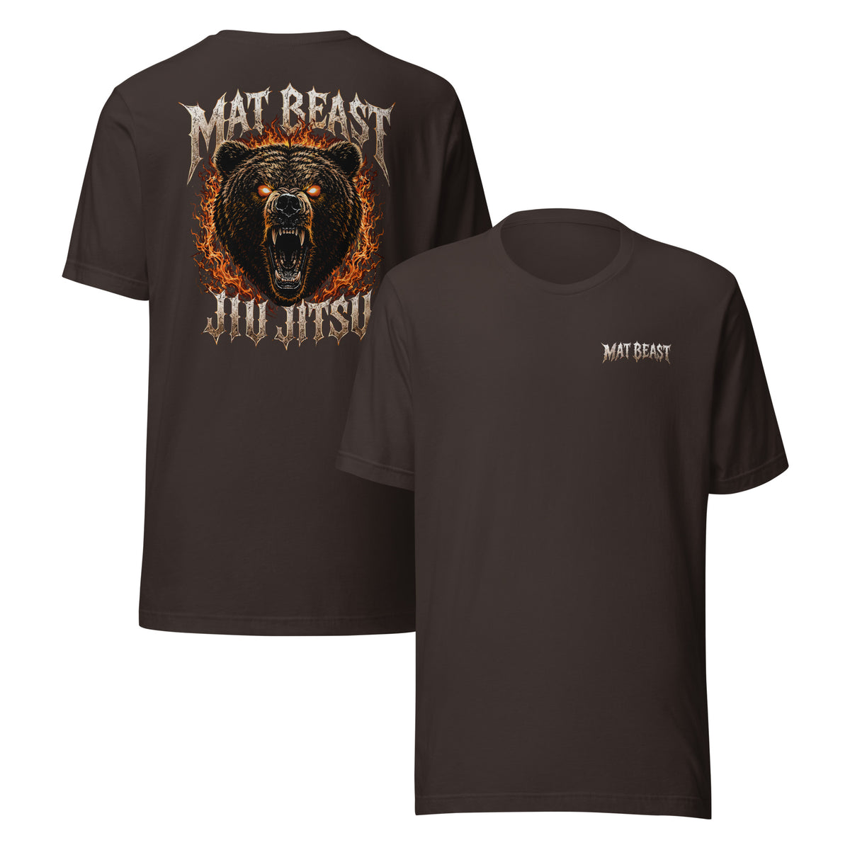 Brown T-shirt shown from the front and back featuring a large roaring bear Mat Beast Jiu Jitsu back graphic and a small chest logo.