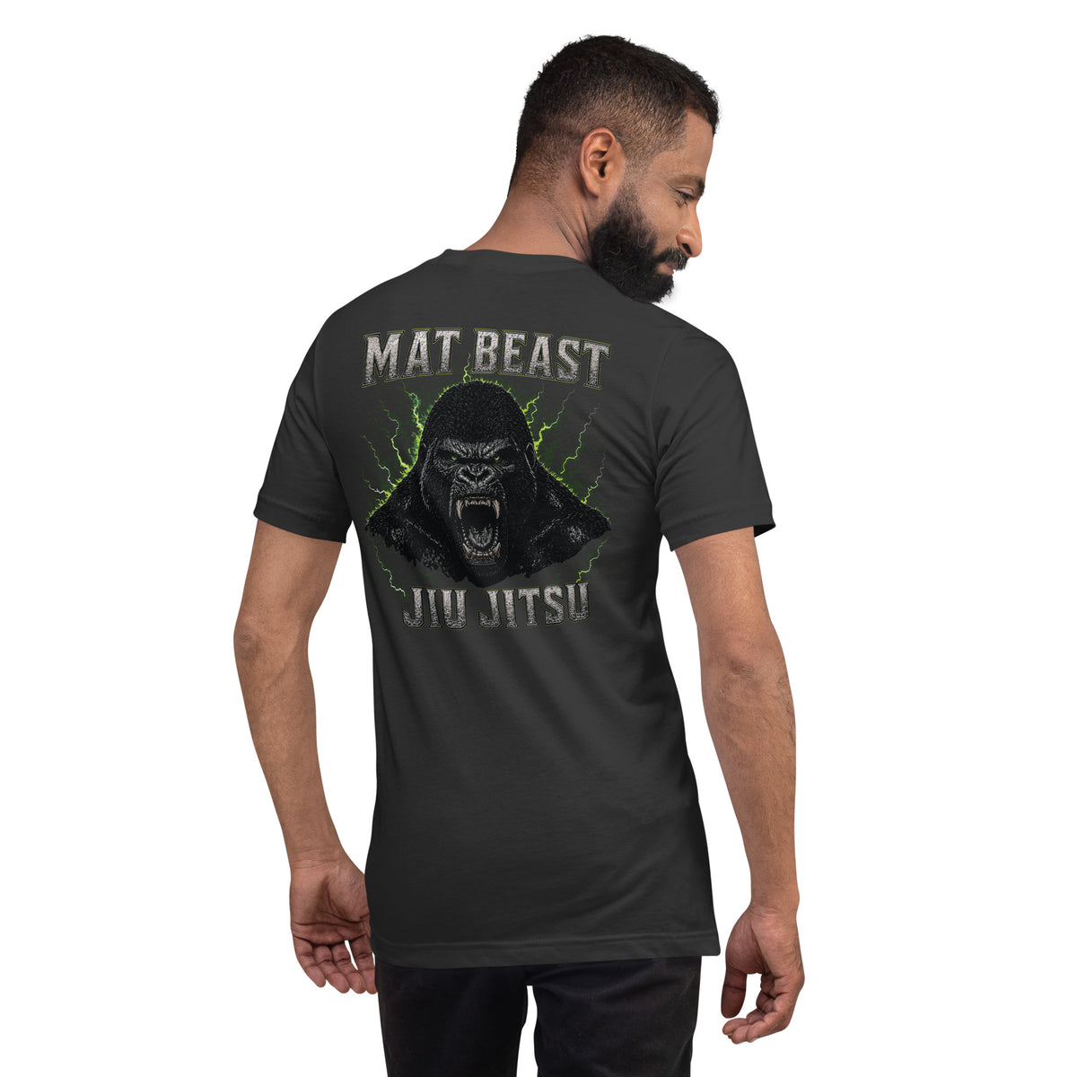 Dark Grey unisex T-shirt, back view, for the Mat Beast Gorilla Jiu Jitsu green-accented animal graphic.