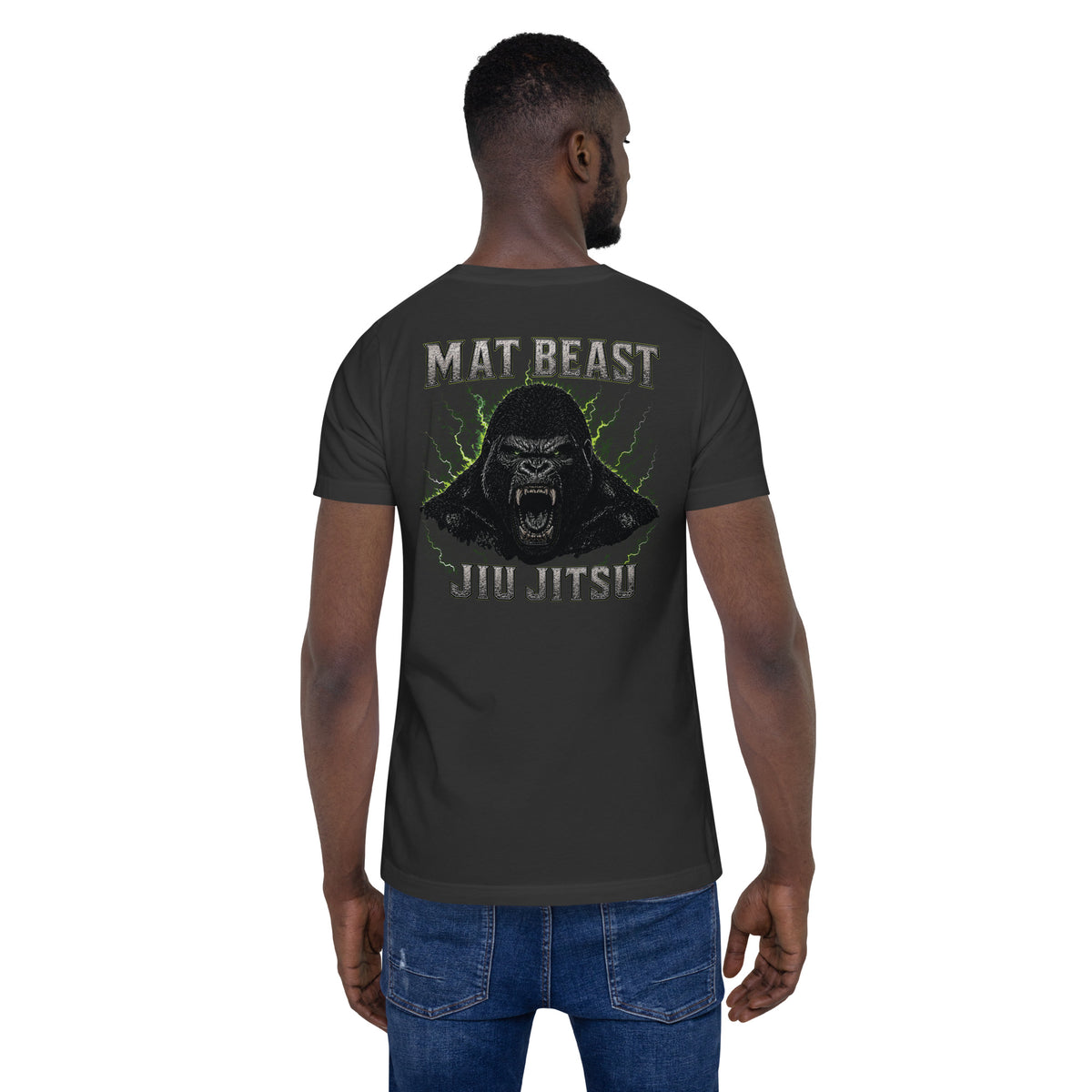 Dark Grey unisex T-shirt, back view, for the Mat Beast Gorilla Jiu Jitsu green-accented animal graphic.
