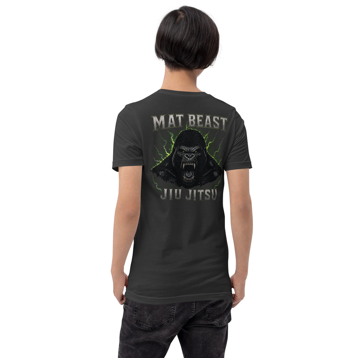 Dark Grey unisex T-shirt, back view, for the Mat Beast Gorilla Jiu Jitsu green-accented animal graphic.