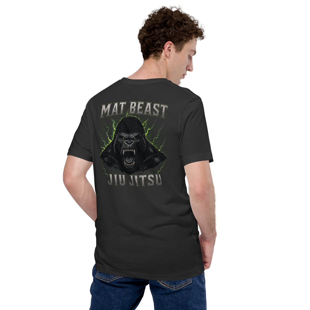 Dark Grey unisex T-shirt, back view, for the Mat Beast Gorilla Jiu Jitsu green-accented animal graphic.