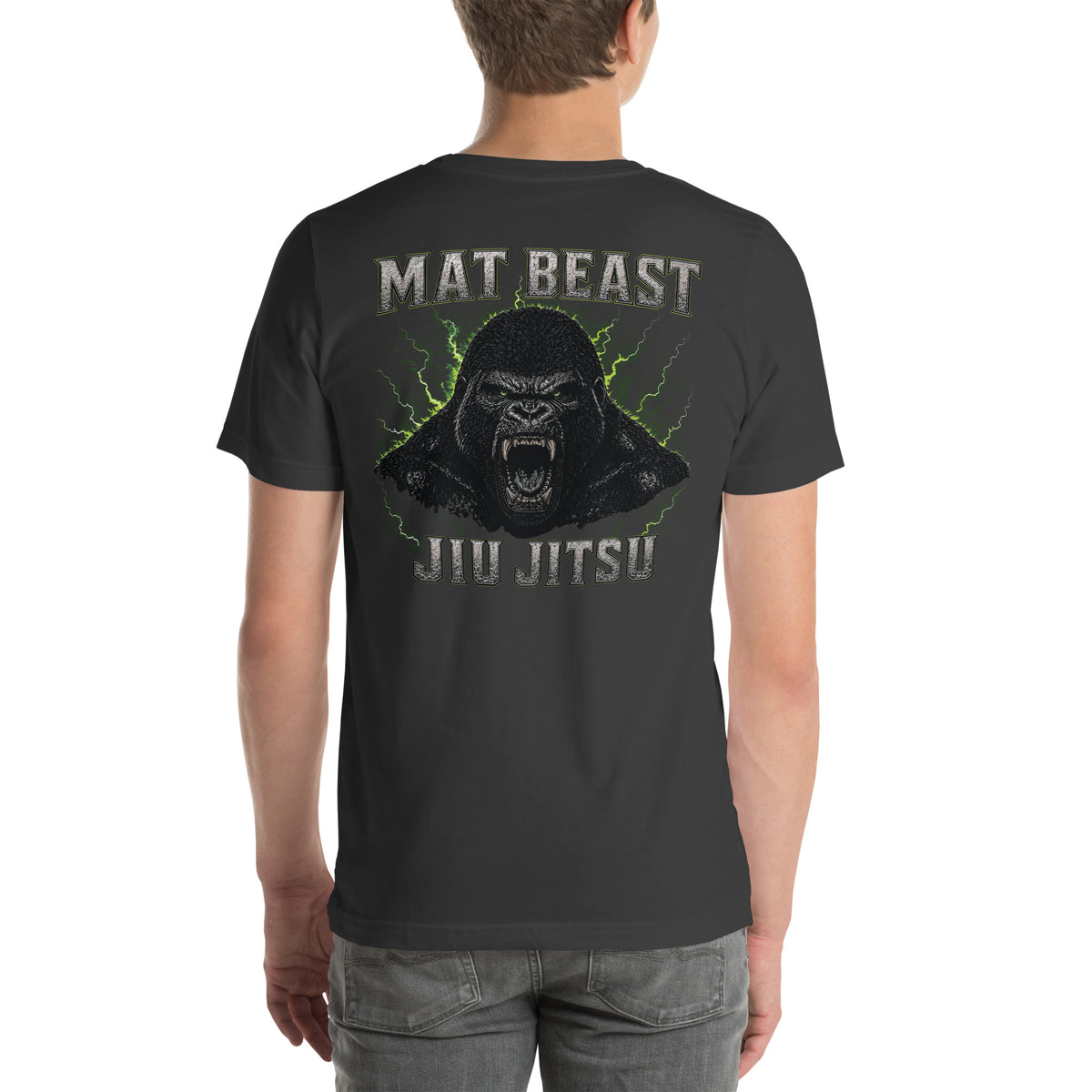 Dark Grey unisex T-shirt, back view, for the Mat Beast Gorilla Jiu Jitsu green-accented animal graphic.
