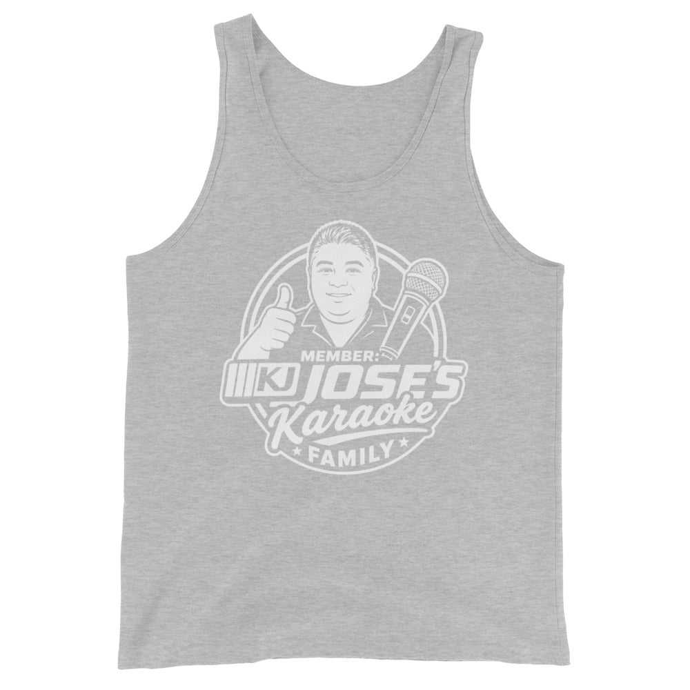 Athletic Heather tank top, front view, featuring KJ Jose's Karaoke Family portrait and microphone badge.