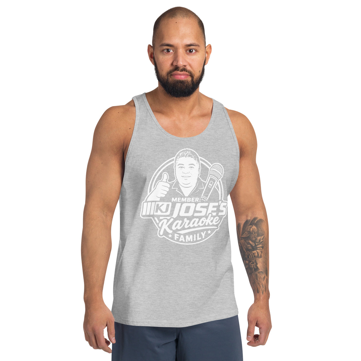 Athletic Heather tank top, front view, featuring KJ Jose's Karaoke Family portrait and microphone badge.