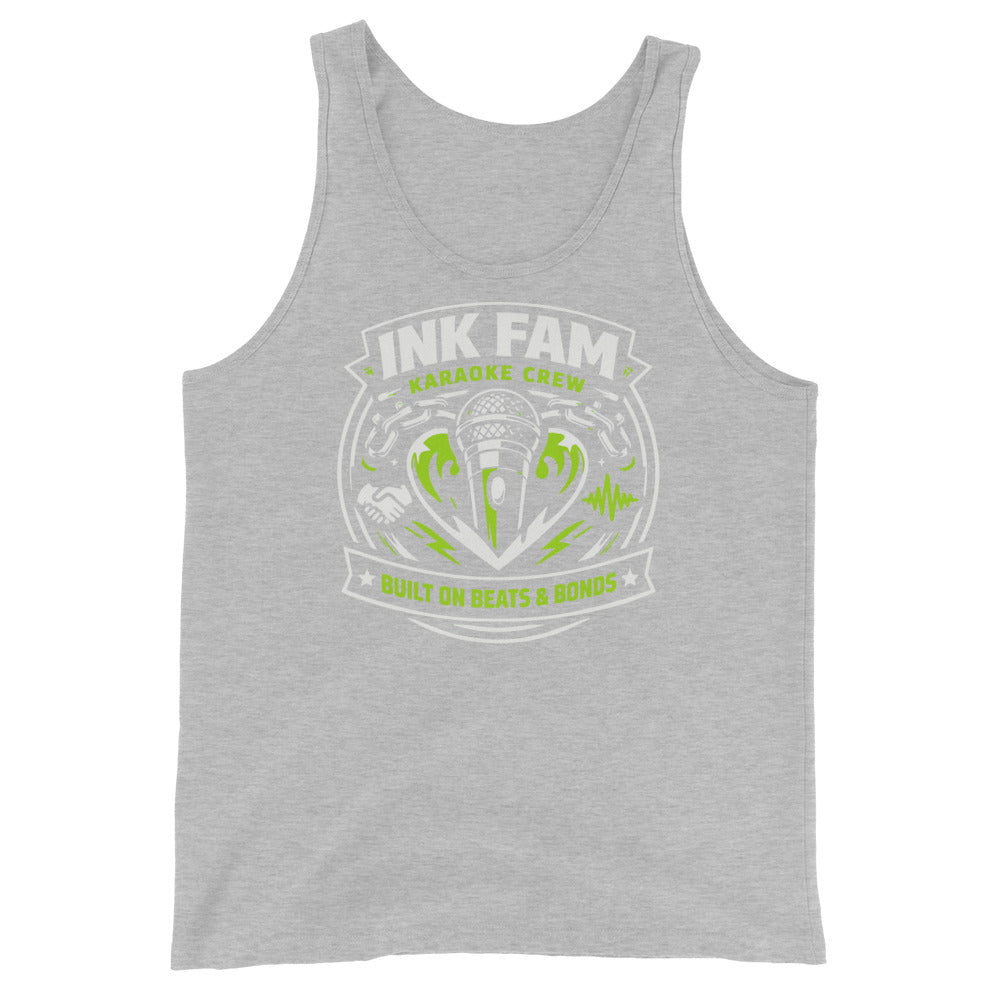 Athletic Heather tank top, front view, featuring DJ Ink Beats & Bonds shield with a microphone and green-and-white lettering.
