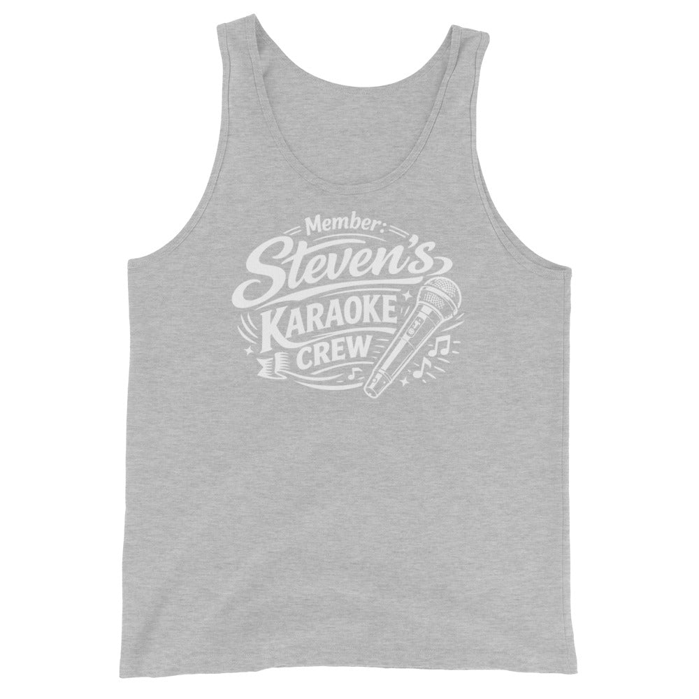 Athletic Heather tank top, front view, featuring Steven's Karaoke Crew lettering and microphone graphic.