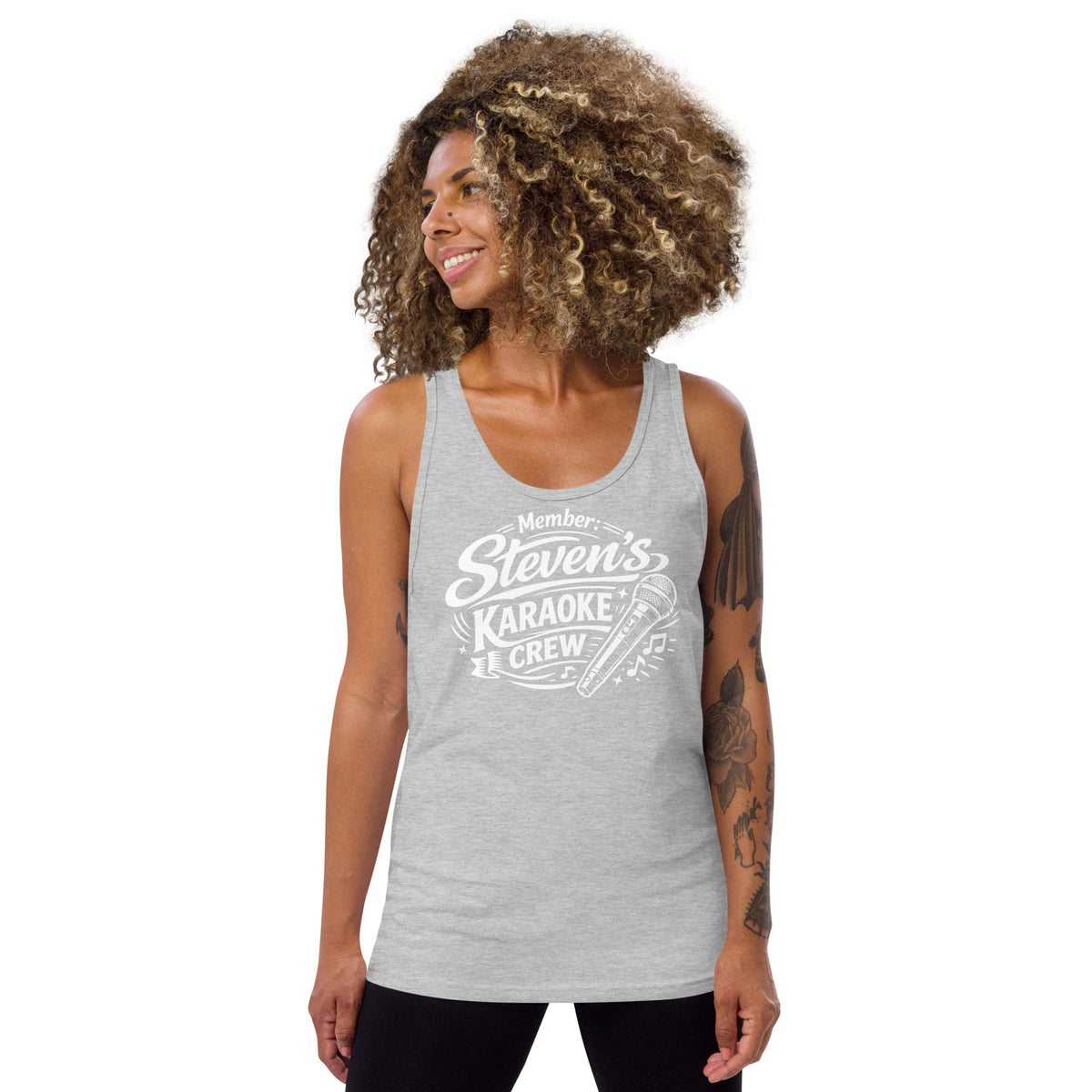 Athletic Heather tank top, front view, featuring Steven's Karaoke Crew lettering and microphone graphic.