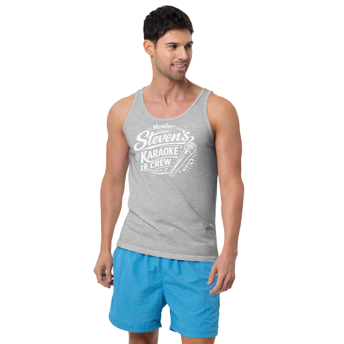 Athletic Heather tank top, front view, featuring Steven's Karaoke Crew lettering and microphone graphic.