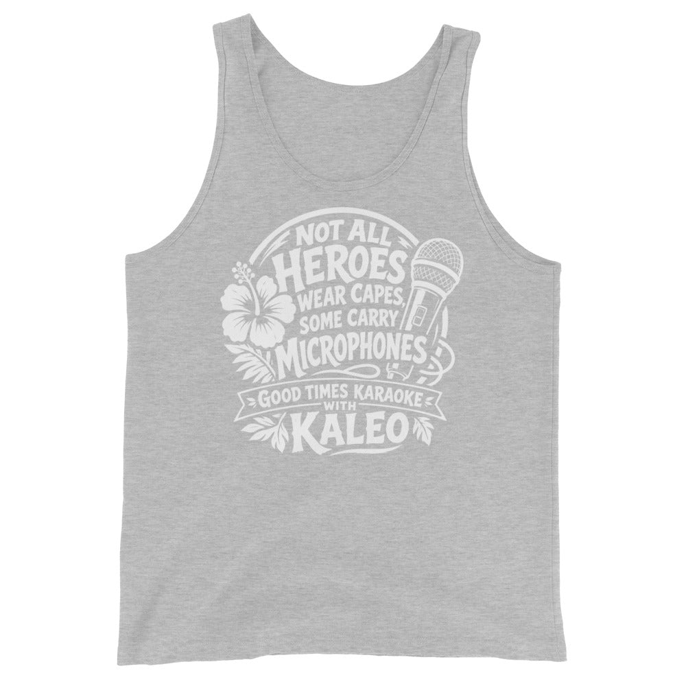 Athletic Heather tank top, front view, featuring Kaleo's Karaoke Heroes 'Not All Heroes Wear Capes, Some Carry Microphones' graphic.