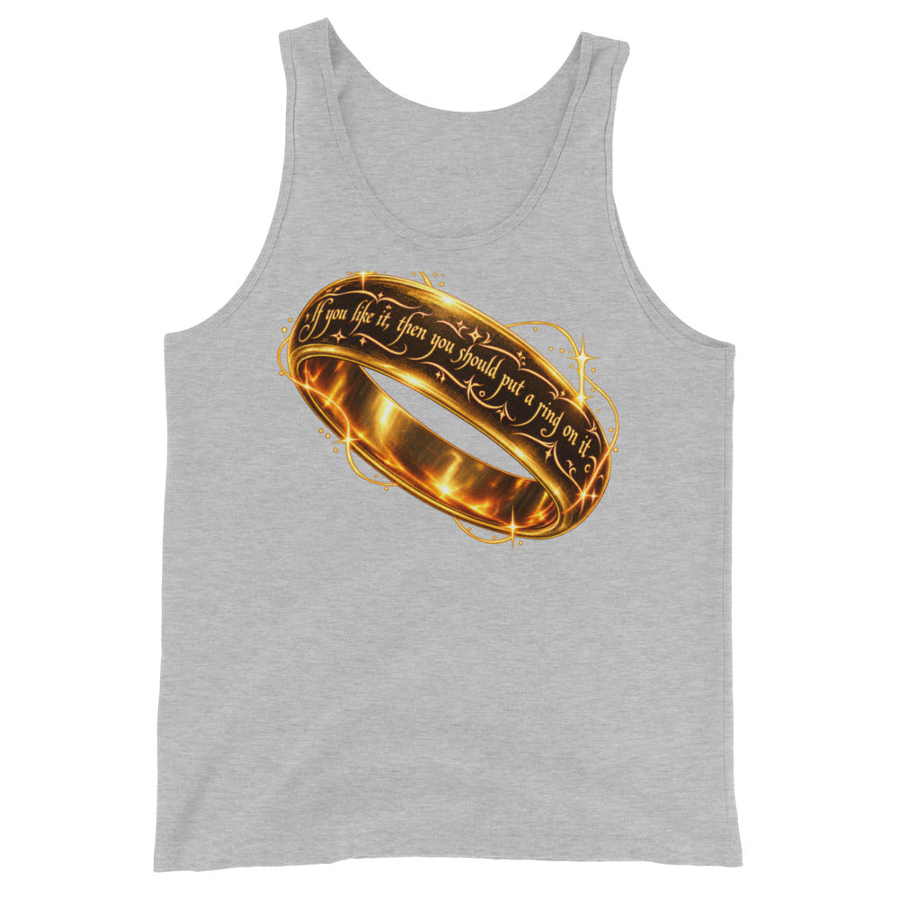 Athletic Heather tank top, front view, featuring Put a Ring on It gold fantasy ring and starburst graphic.