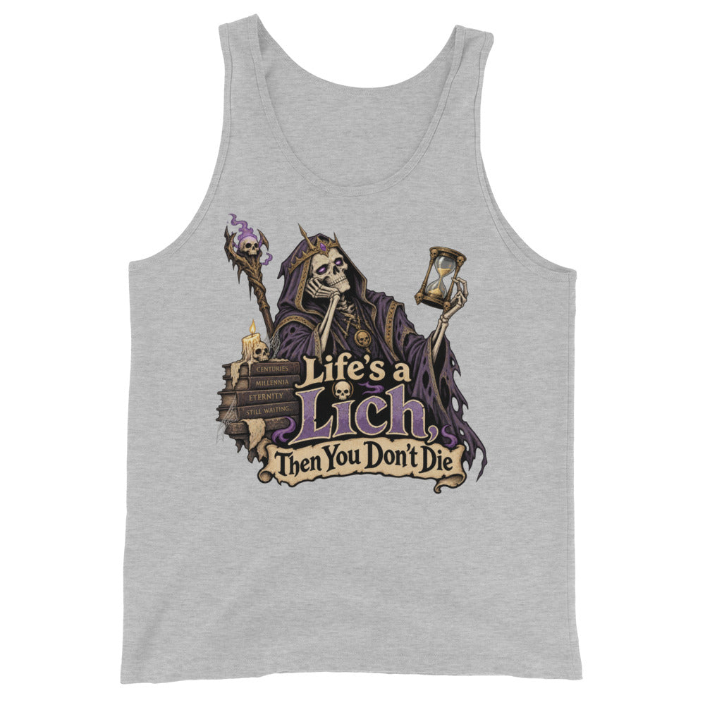 Athletic Heather tank top, front view, featuring the Life's a Lich, Then You Don't Die bored undead lich design.