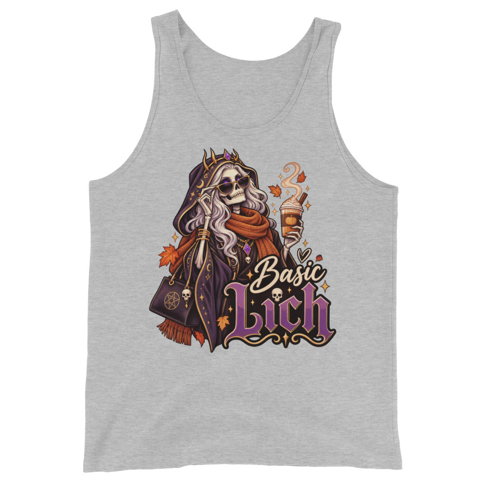 Athletic Heather tank top, front view, featuring the Basic Lich pumpkin spice skeleton design