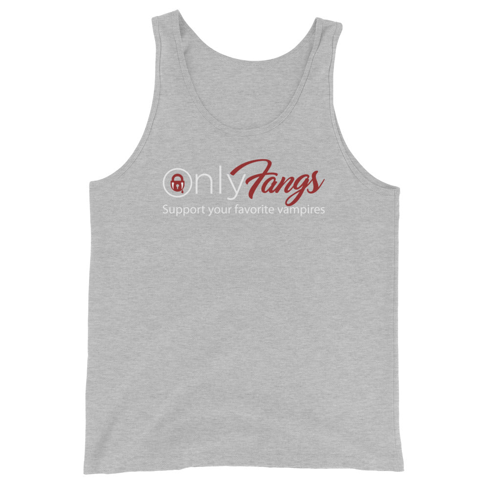 Athletic Heather tank top, front view, featuring the OnlyFangs vampire design