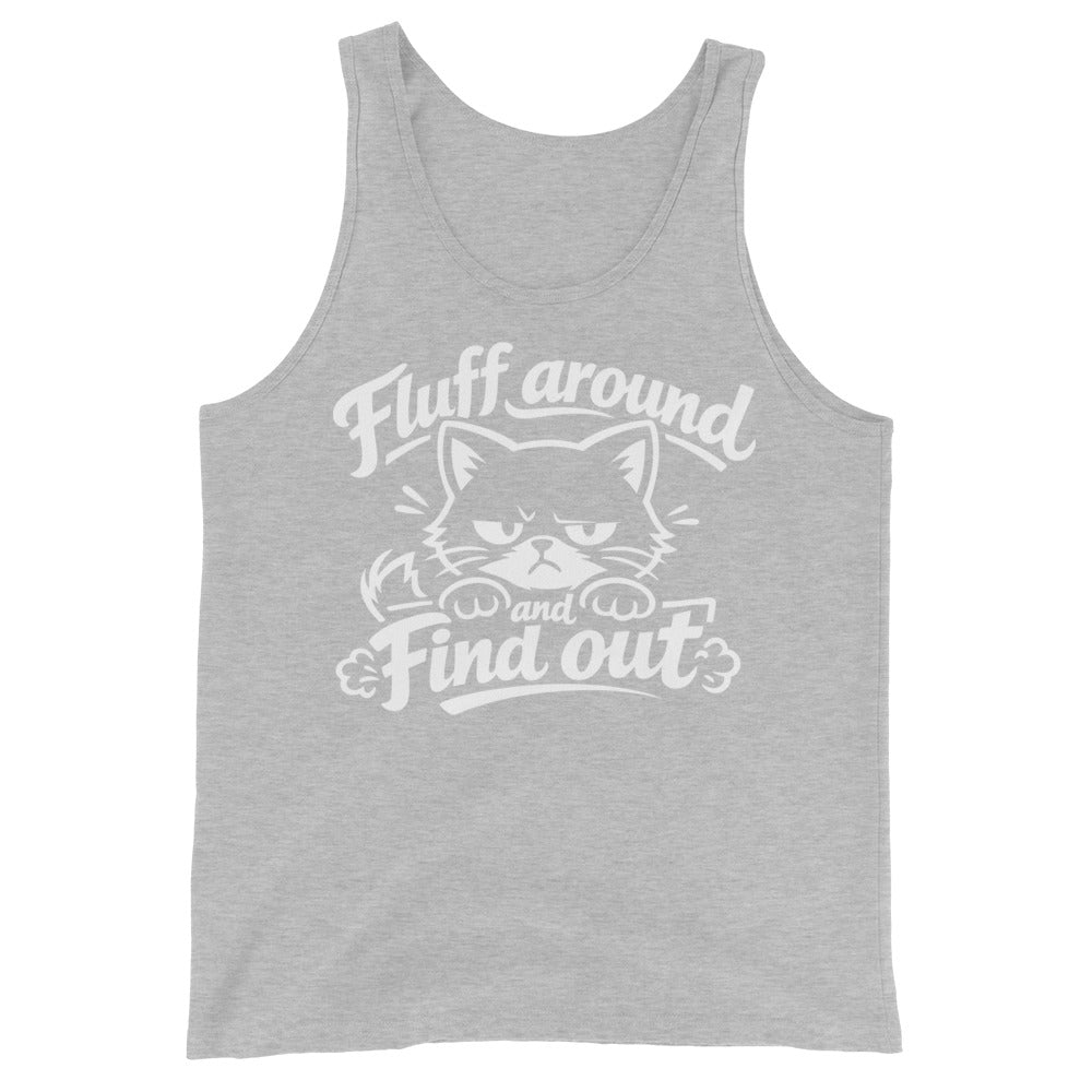 Athletic Heather tank top, front view, featuring the Fluff Around and Find Out grumpy cat design