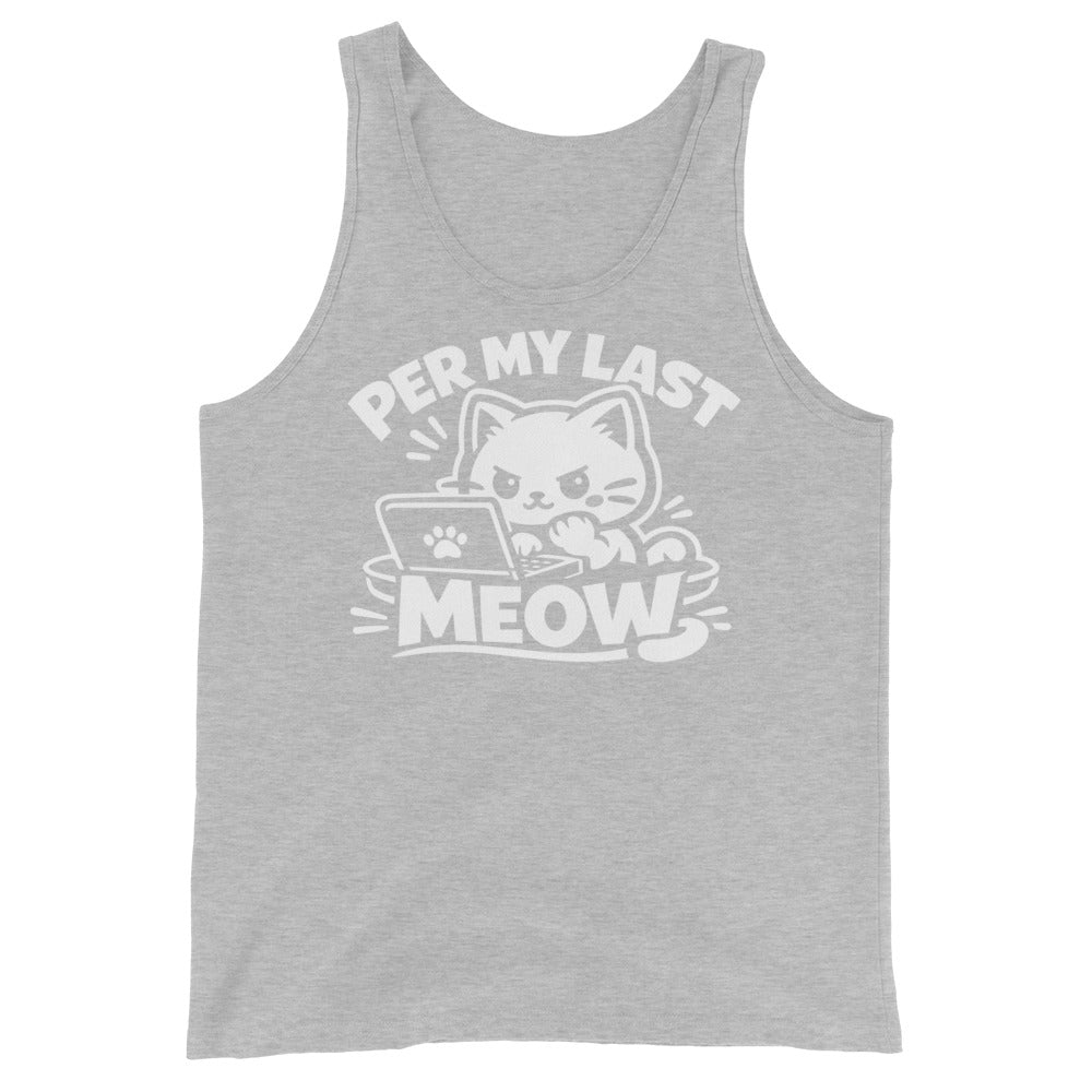 Athletic Heather tank top, front view, featuring the Per My Last Meow cat design