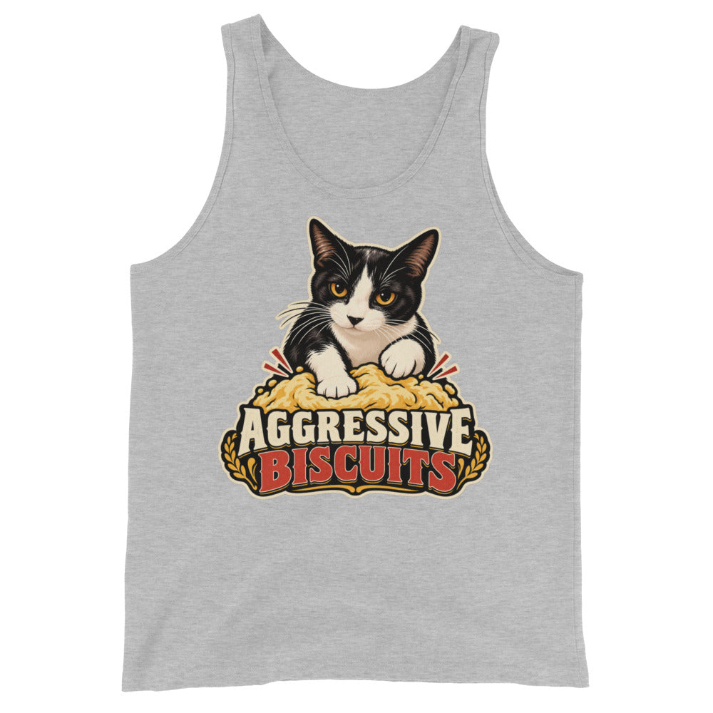 Athletic Heather tank top, front view, featuring the Aggressive Biscuits kneading tuxedo cat design