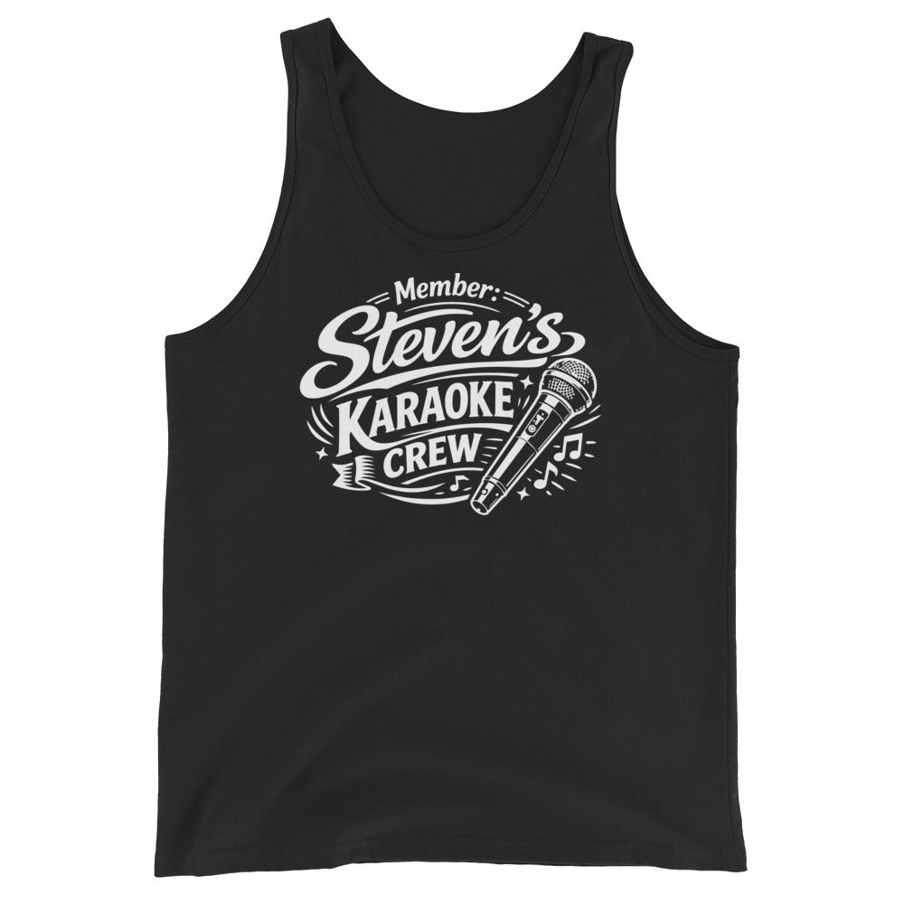 Black tank top featuring white “Steven’s Karaoke Crew” lettering and a microphone.