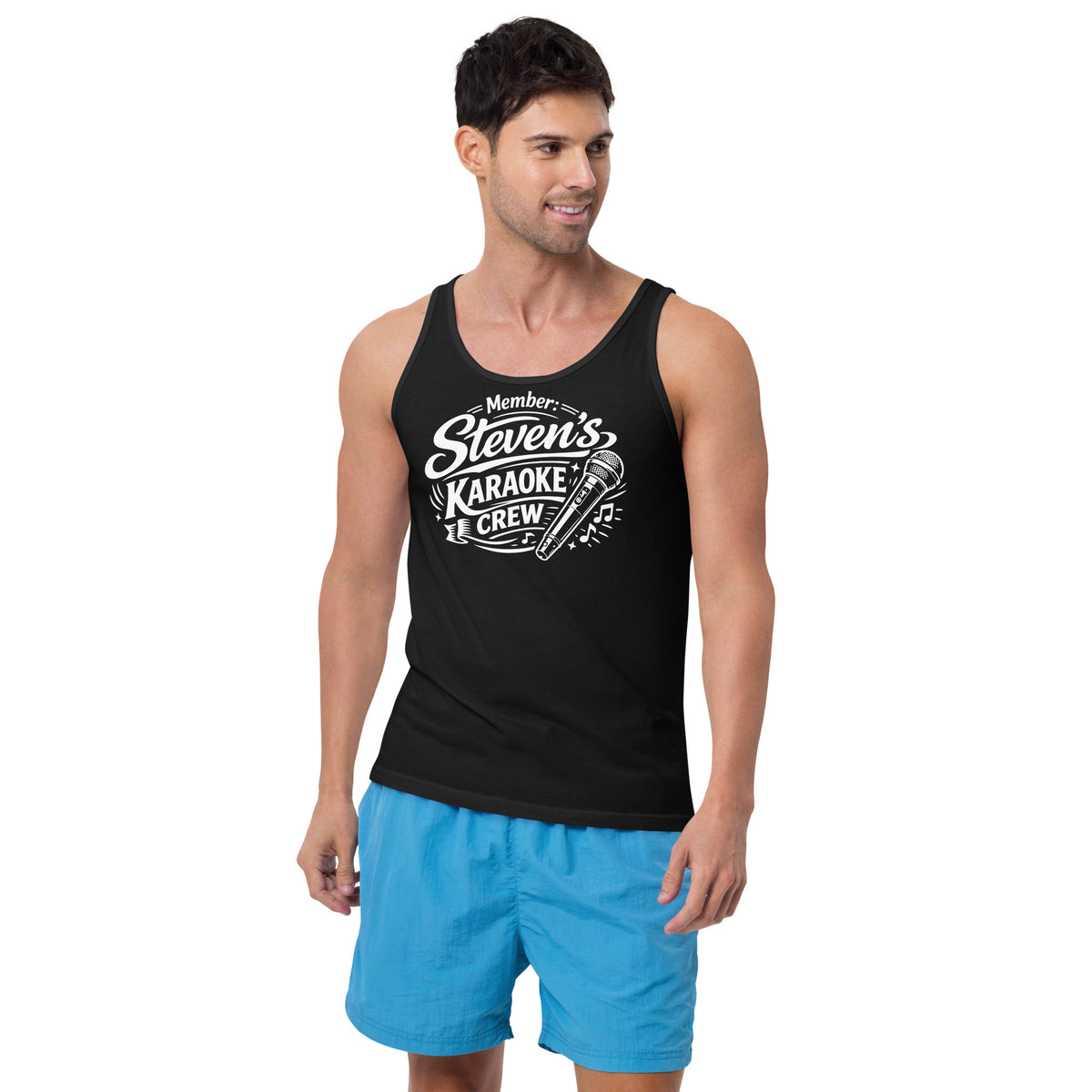 Black tank top, front view, featuring Steven's Karaoke Crew lettering and microphone graphic.