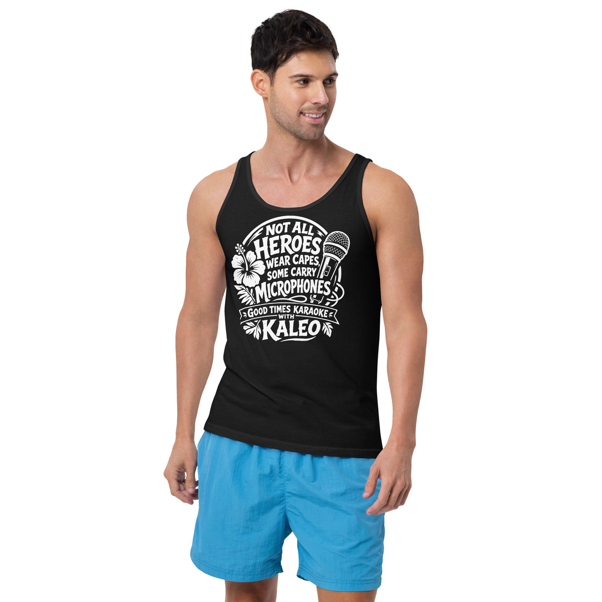 Black tank top, front view, featuring Kaleo's Karaoke Heroes 'Not All Heroes Wear Capes, Some Carry Microphones' graphic.