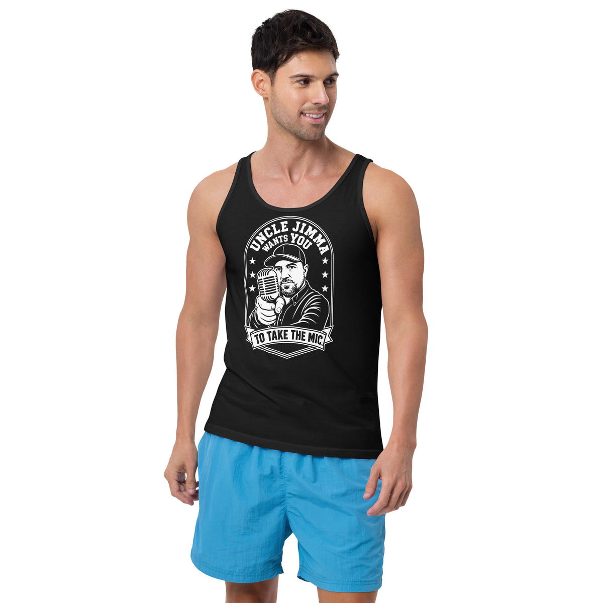 Black tank top, front view, featuring Uncle Jimma Wants You to Take the Mic pointing portrait and microphone.
