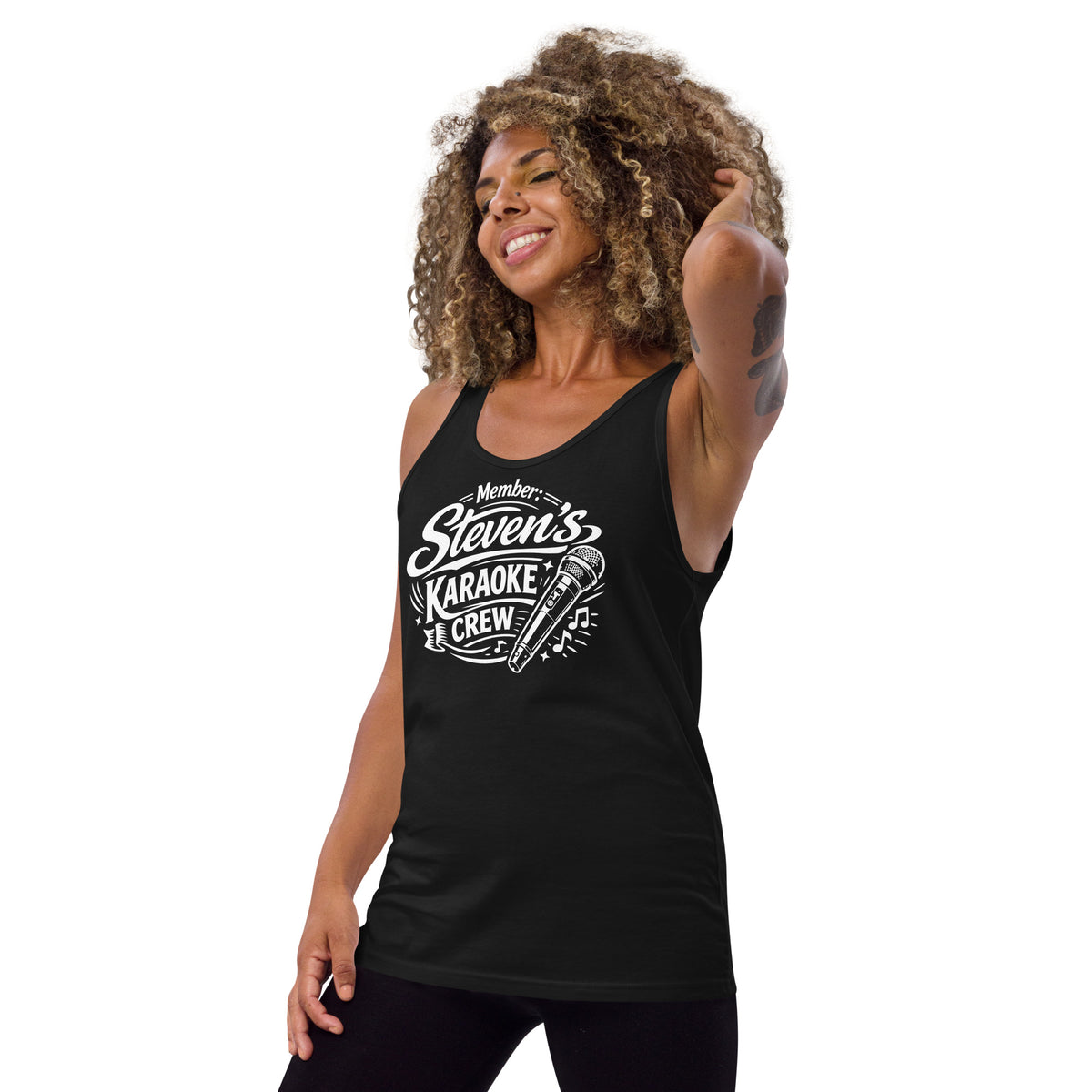 Black tank top, left-front angled view, featuring Steven's Karaoke Crew lettering and microphone graphic.