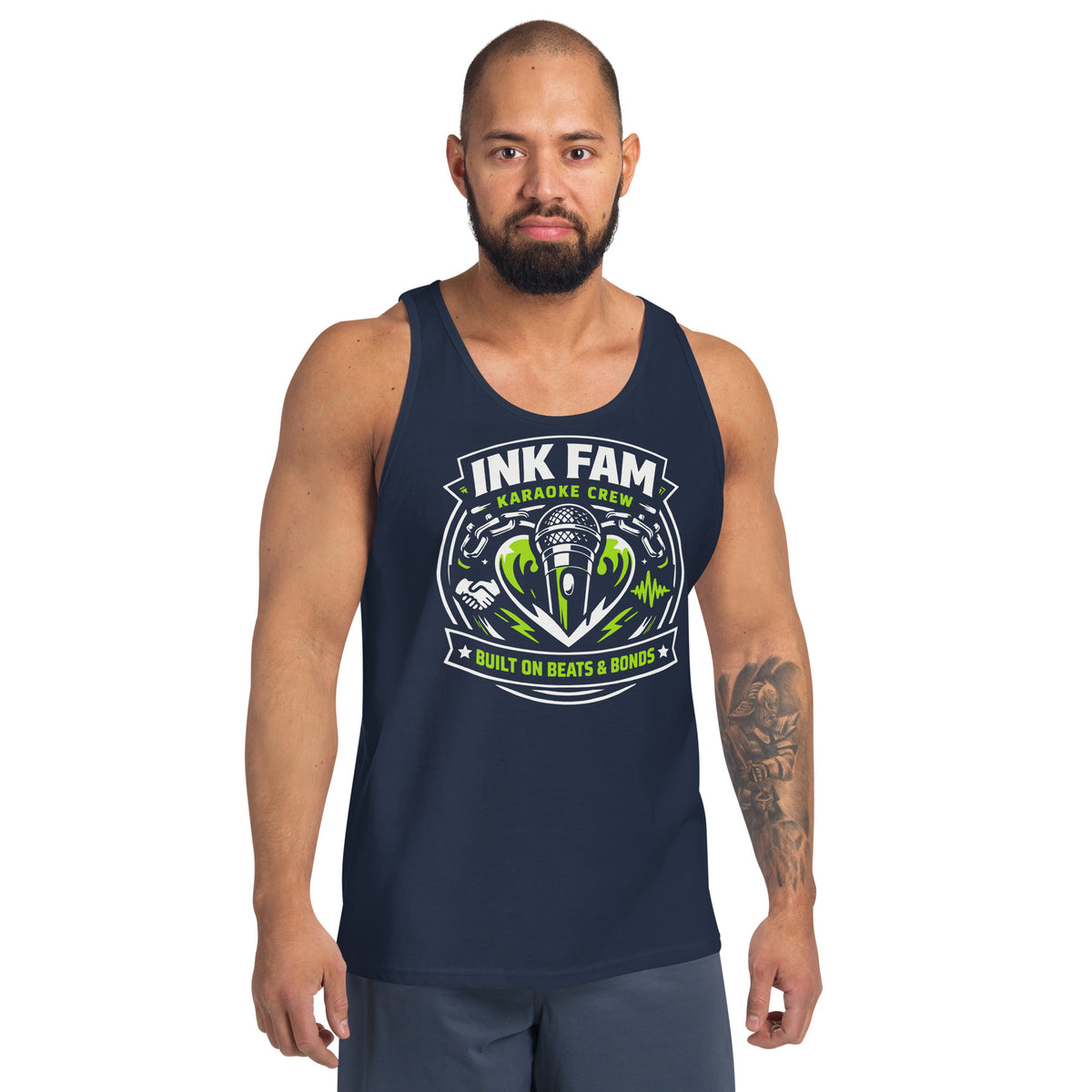 Navy tank top, front view, featuring DJ Ink Beats & Bonds shield with a microphone and green-and-white lettering.
