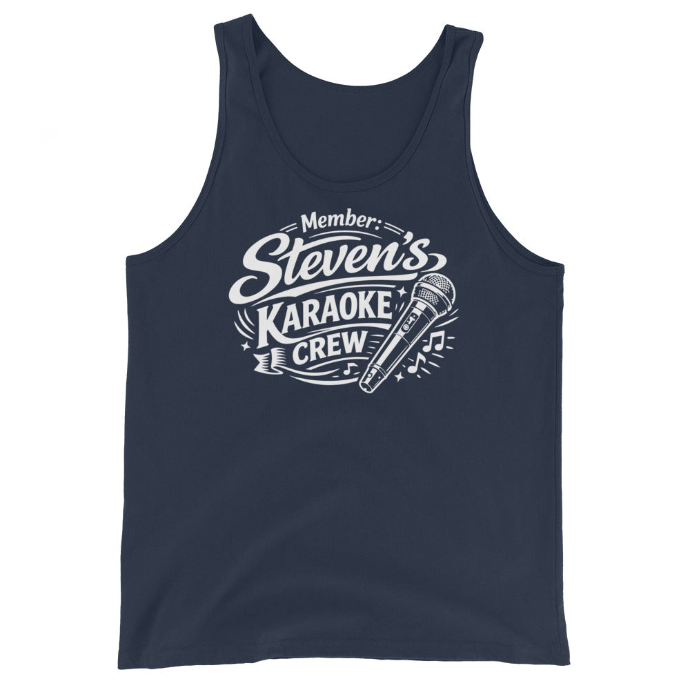 Navy tank top, front view, featuring Steven's Karaoke Crew lettering and microphone graphic.