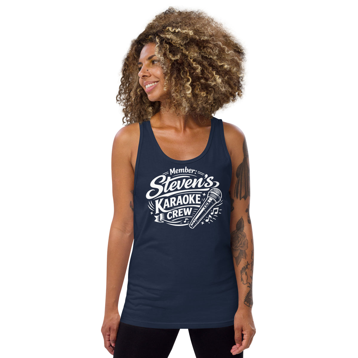 Navy tank top, front view, featuring Steven's Karaoke Crew lettering and microphone graphic.