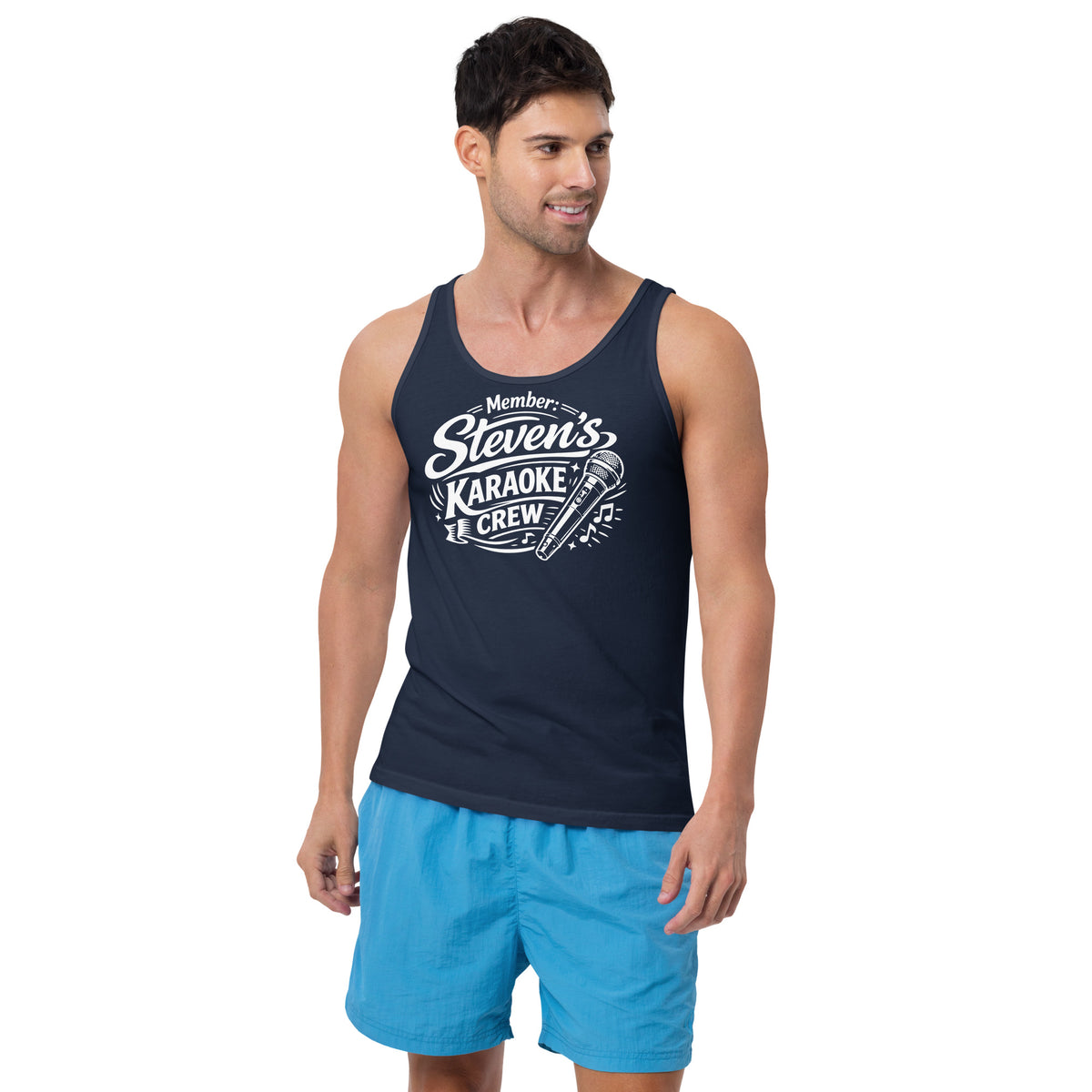 Navy tank top, front view, featuring Steven's Karaoke Crew lettering and microphone graphic.