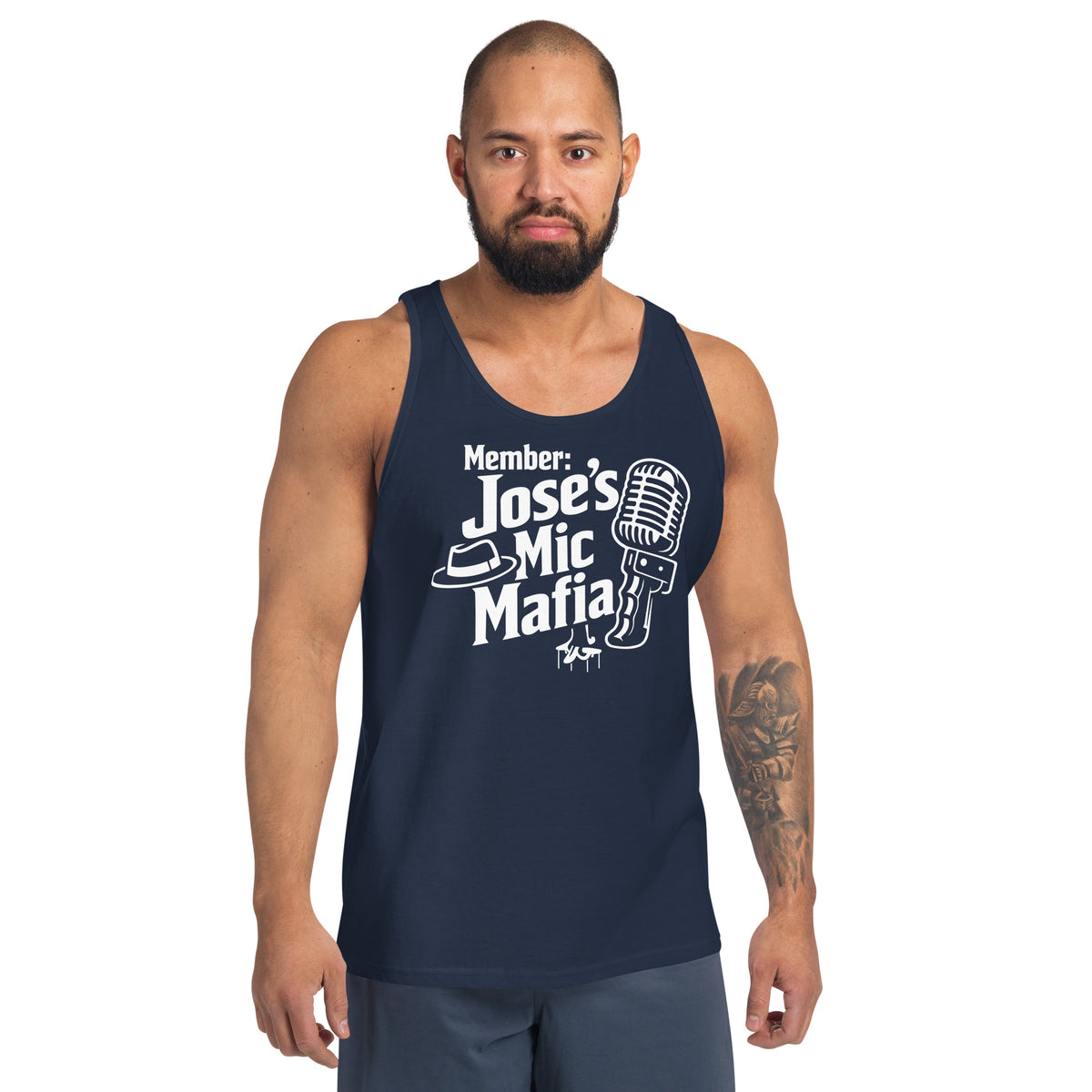 Navy tank top, front view, featuring Jose's Mic Mafia microphone and fedora design.