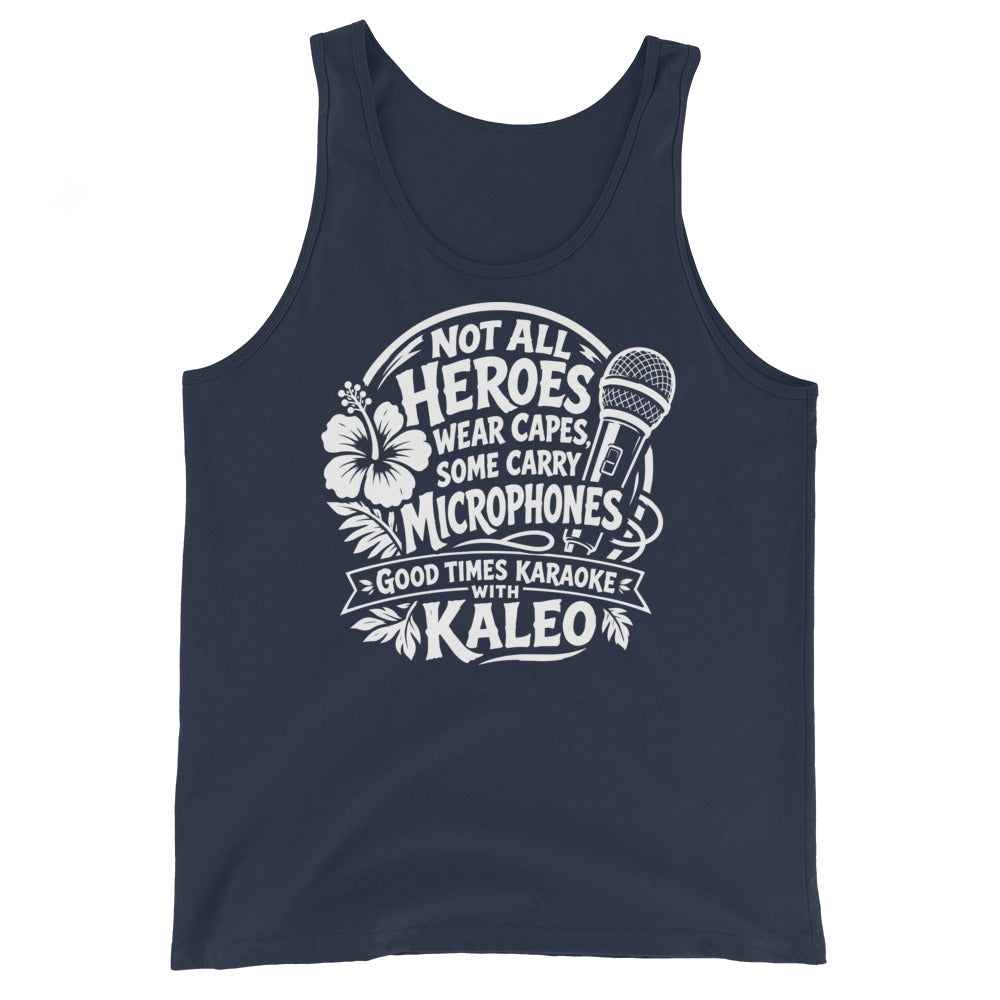 Navy tank top, front view, featuring Kaleo's Karaoke Heroes 'Not All Heroes Wear Capes, Some Carry Microphones' graphic.