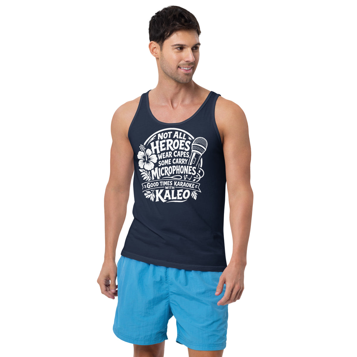 Navy tank top, front view, featuring Kaleo's Karaoke Heroes 'Not All Heroes Wear Capes, Some Carry Microphones' graphic.