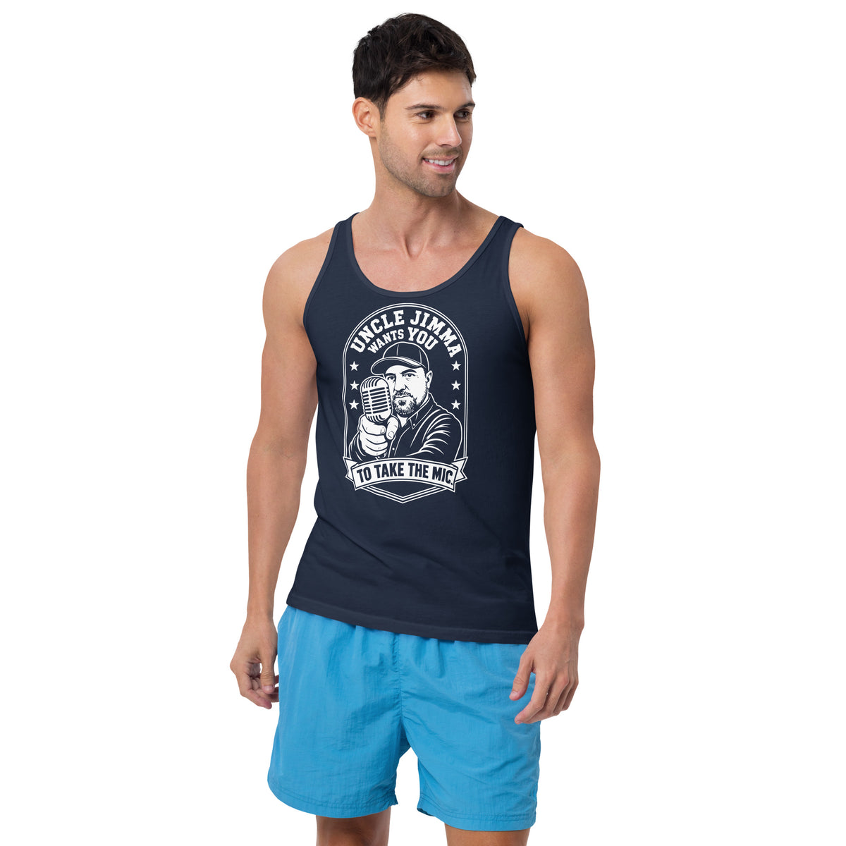 Navy tank top, front view, featuring Uncle Jimma Wants You to Take the Mic pointing portrait and microphone.