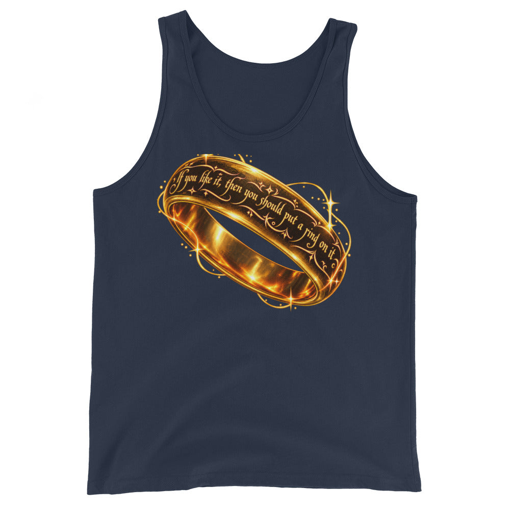 Navy tank top with the gold Put a Ring on It fantasy ring artwork and starburst details