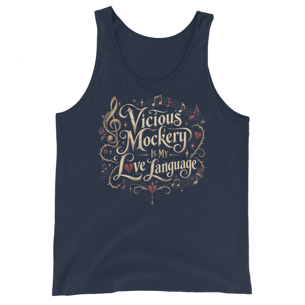 Navy tank top, front view, featuring Vicious Mockery Is My Love Language bard art with gold lettering, roses and hearts.