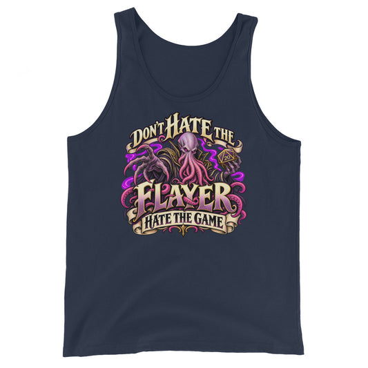Navy tank top, front view, featuring the illustrated Don't Hate the Flayer, Hate the Game tentacled overlord and d20 design.