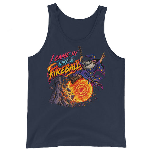 Navy tank top, front view, featuring the I Came In Like a Fireball wizard design