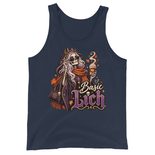 Navy tank top, front view, featuring the Basic Lich pumpkin spice skeleton design