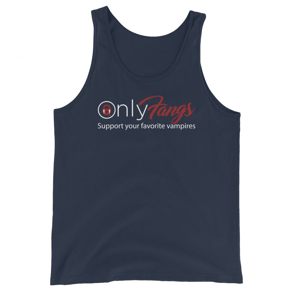 Navy tank top, front view, featuring the OnlyFangs vampire design