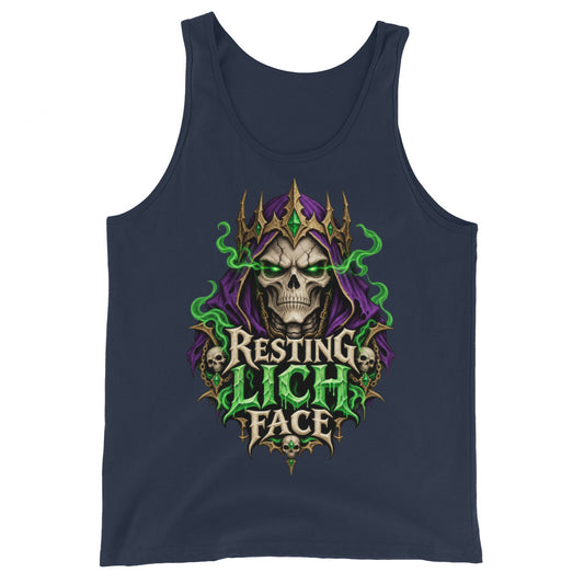 Navy tank top, front view, featuring the Resting Lich Face crowned skull lich design